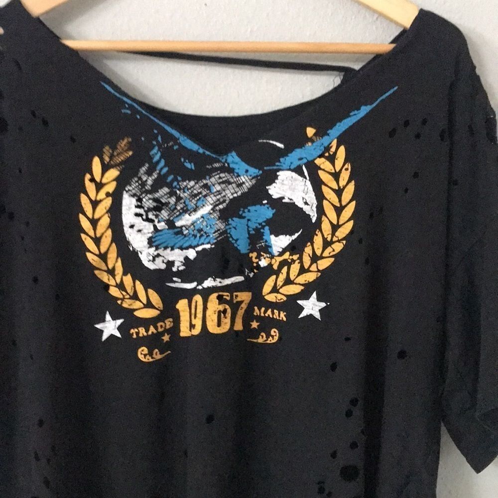 Plunging Choker Neck Drop Shoulder Distressed 1967 Graphic Tee - Picture 3 of 5